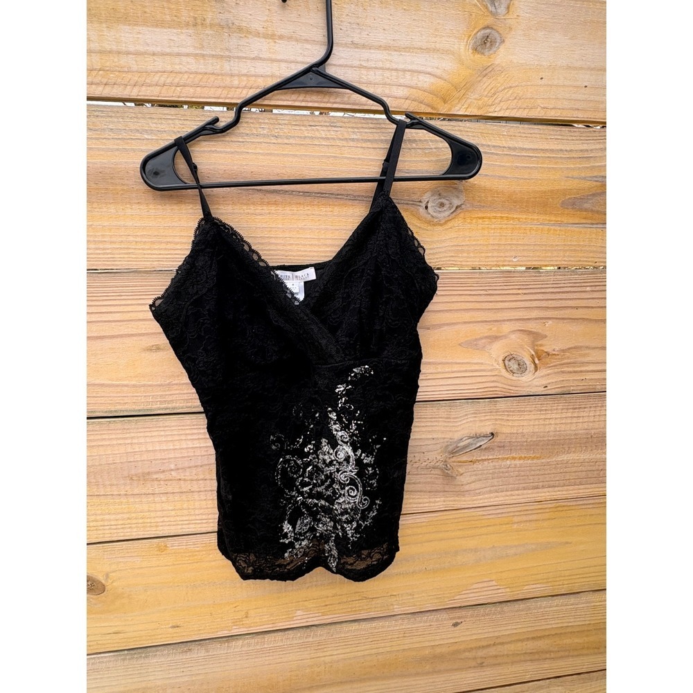 White House Black Market Black Lace Cami Silver Glitter Floral V-Neck Top Medium
